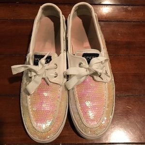 SPERRY WHITE AND PINK SEQUIN SHOES. W9/M7.5.
